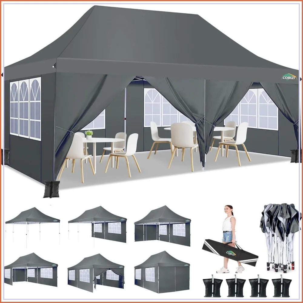 COBIZI 10x20ft Pop Up Canopy Tent with 6 Sidewalls, Waterproof UV50+, Adjustable Height &  Sandbags.