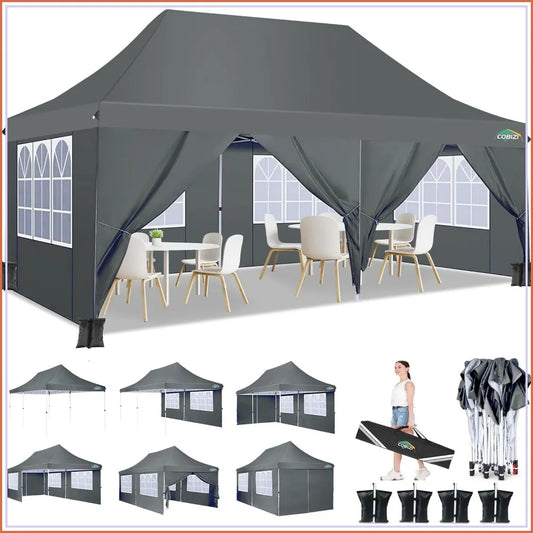 COBIZI 10x20ft Pop Up Canopy Tent with 6 Sidewalls, Waterproof UV50+, Adjustable Height &  Sandbags.