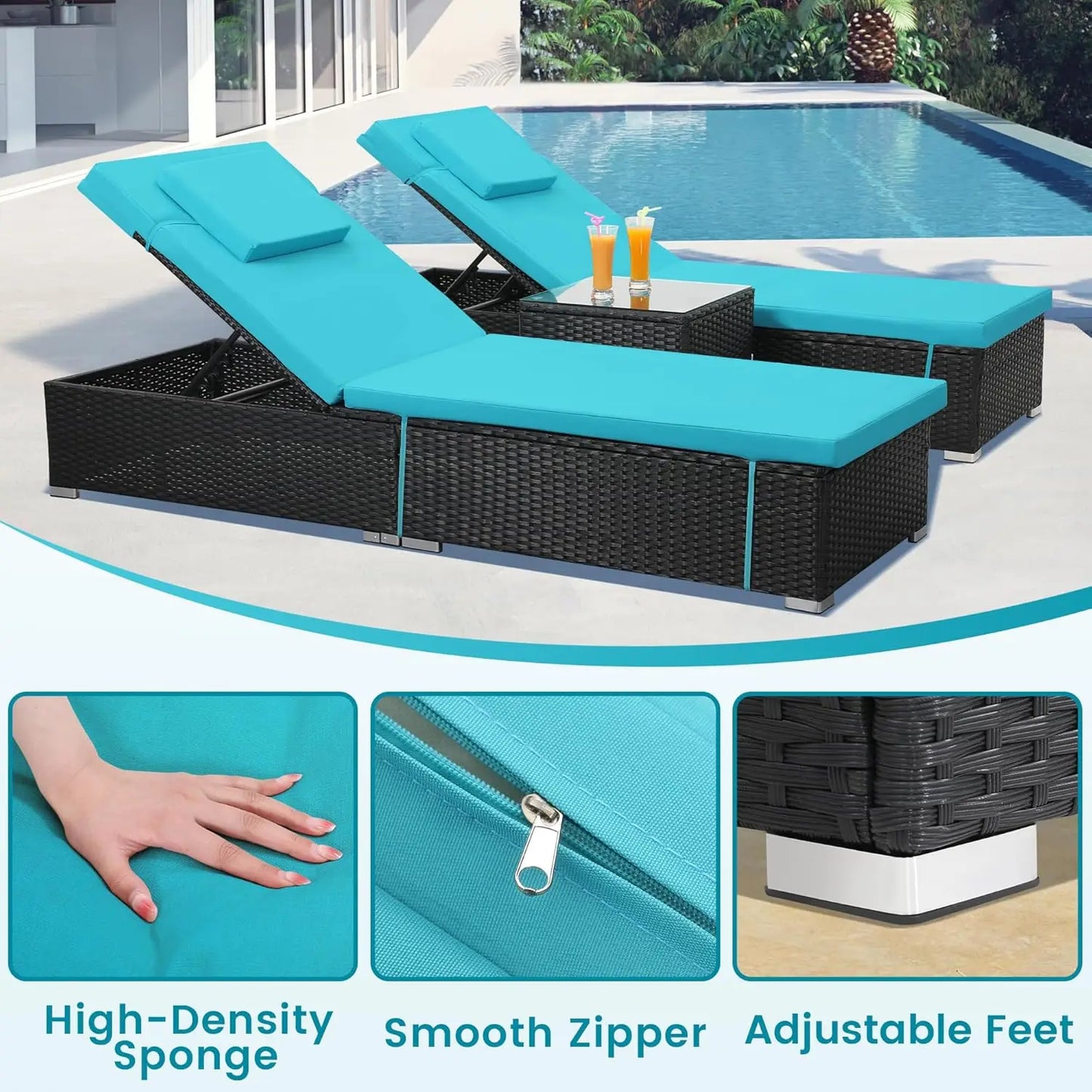 All-Weather Wicker Adjustable Chaise Lounge Set w/ Side Table, Washable Cushion for Patio & More.