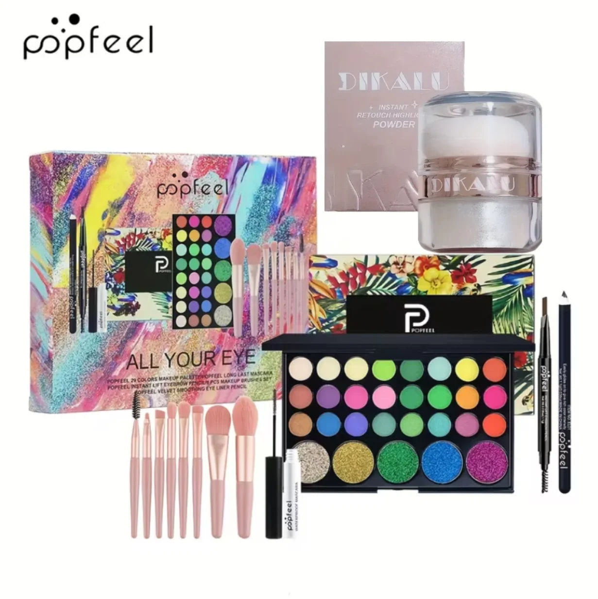 POPFEEL All-in-One Full Face Makeup Kit with Brush + Facial highlighter-Complete Beauty Set.