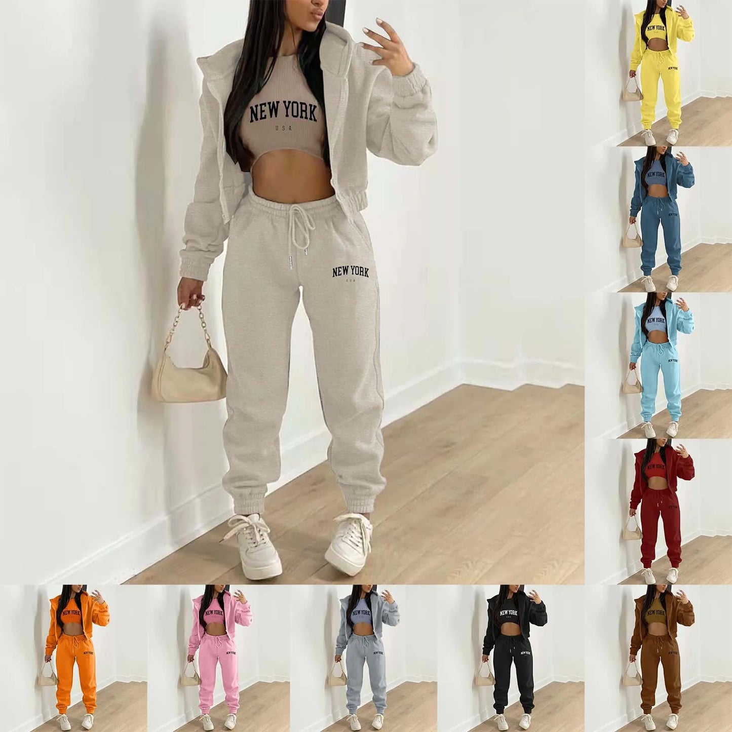 Women 3 Piece Sets with Top, Long Sleeve Zip Hoodies & Ribbed Tank High Waist Sweatpants.