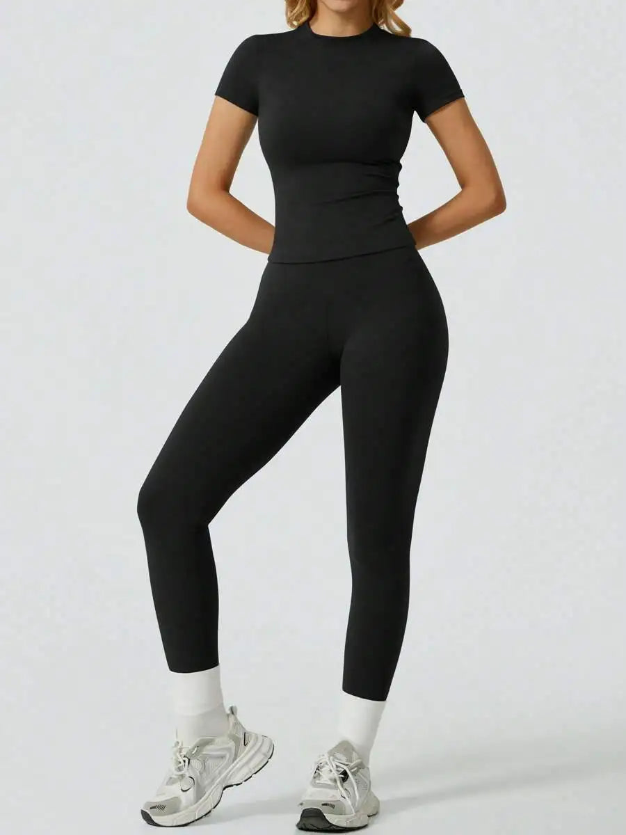 Two  Piece Yoga Set, Short Sleeve Top & High Waist Leggings For Women.