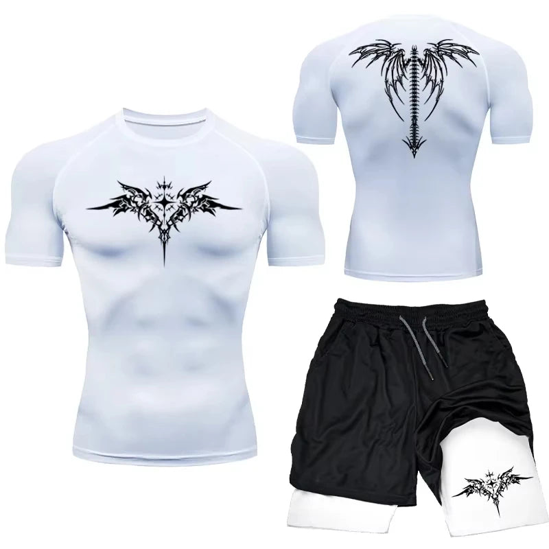 Men's MMA Compression Athletic Set - Quick-Dry Gym Shorts + Running Workout Tight .