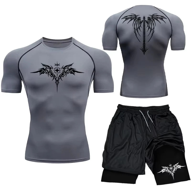 Men's MMA Compression Athletic Set - Quick-Dry Gym Shorts + Running Workout Tight .