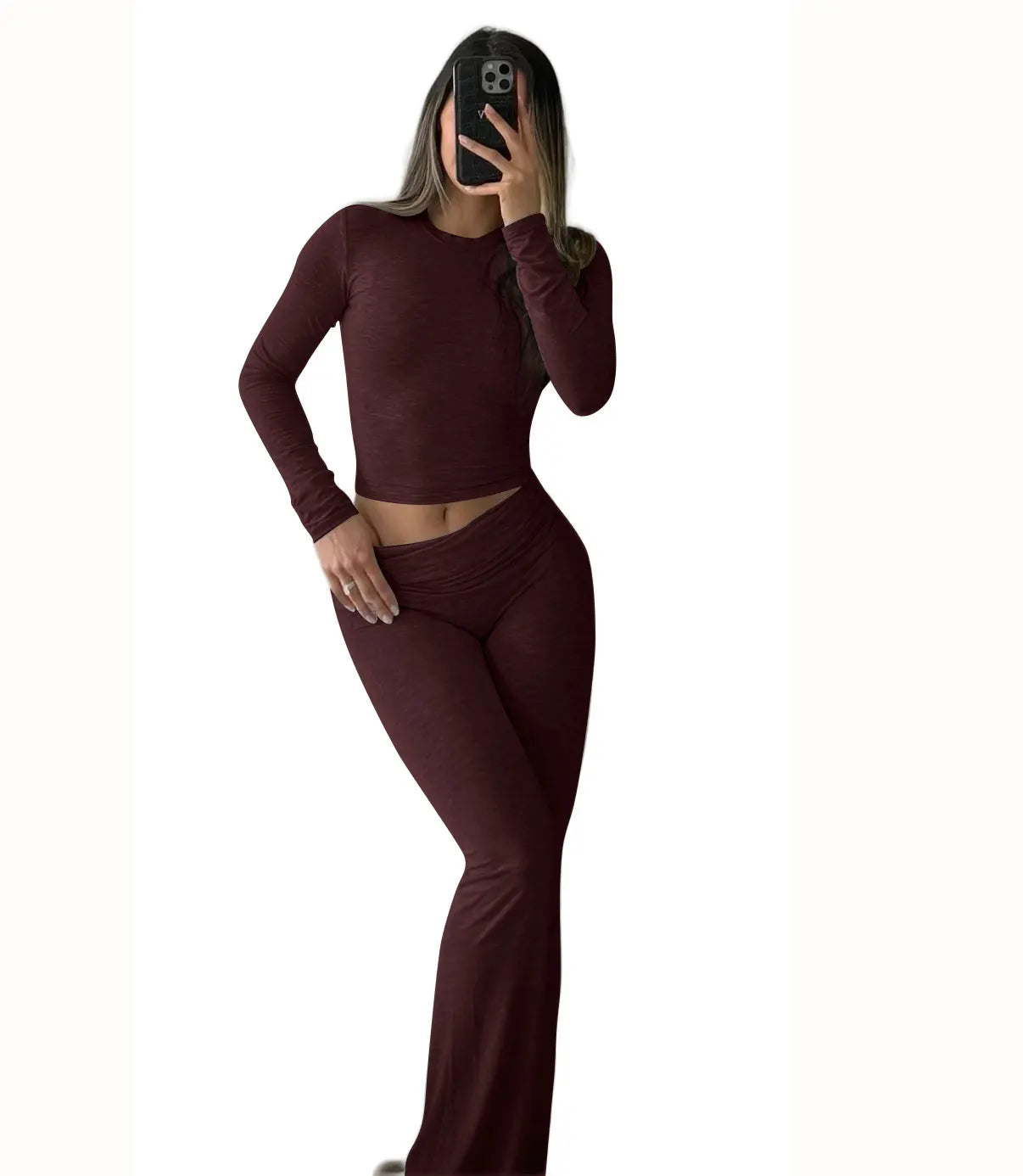 Women's Yoga Two-Piece Set Long-Sleeve Wide-Leg Activewear Set.