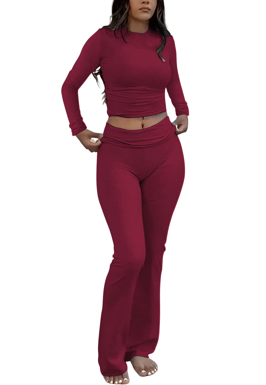 Women's Yoga Two-Piece Set Long-Sleeve Wide-Leg Activewear Set.