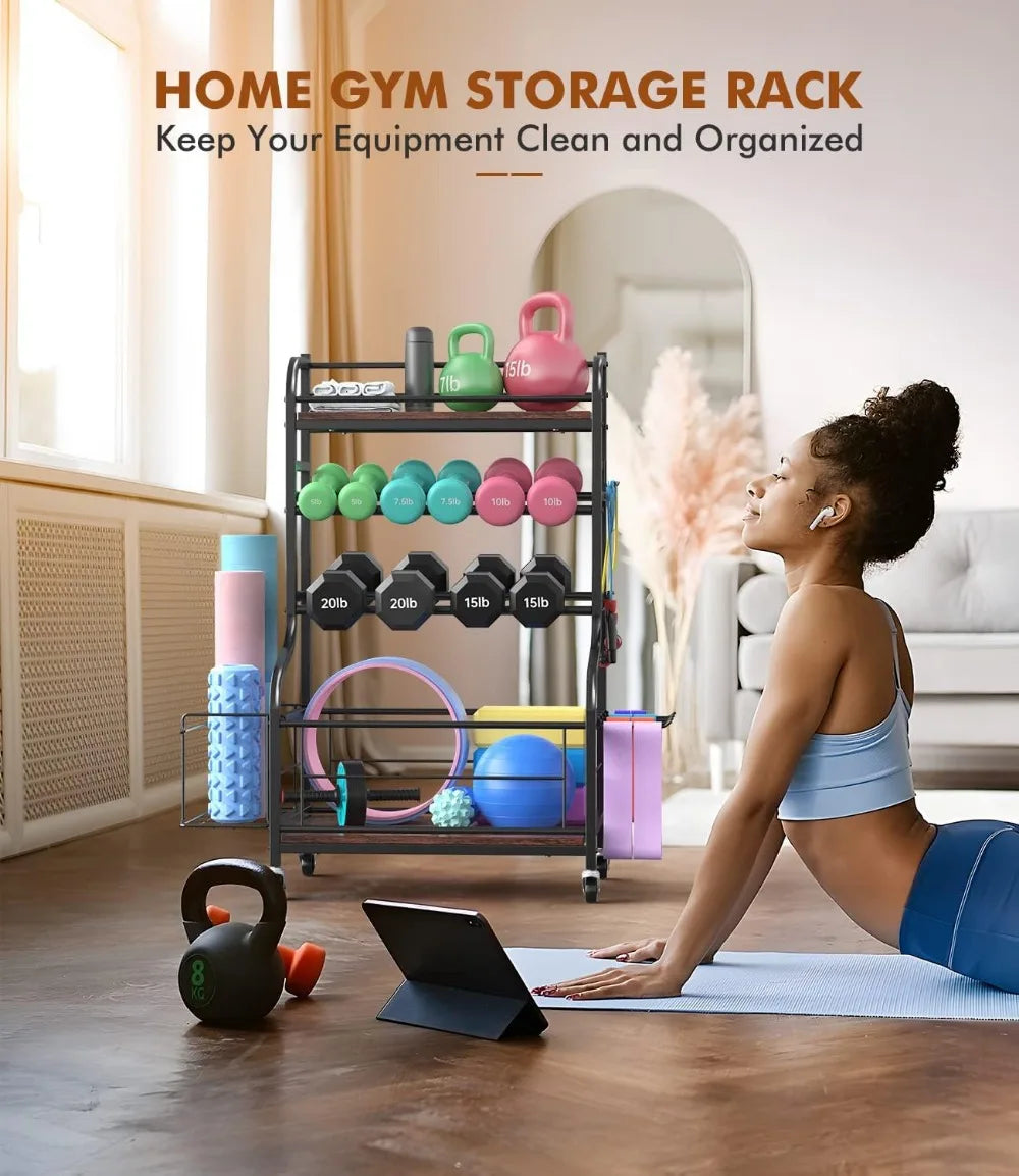 All in One Home Gym Storage Rack for Yoga Mat Dumbbells and Kettlebells Holder.