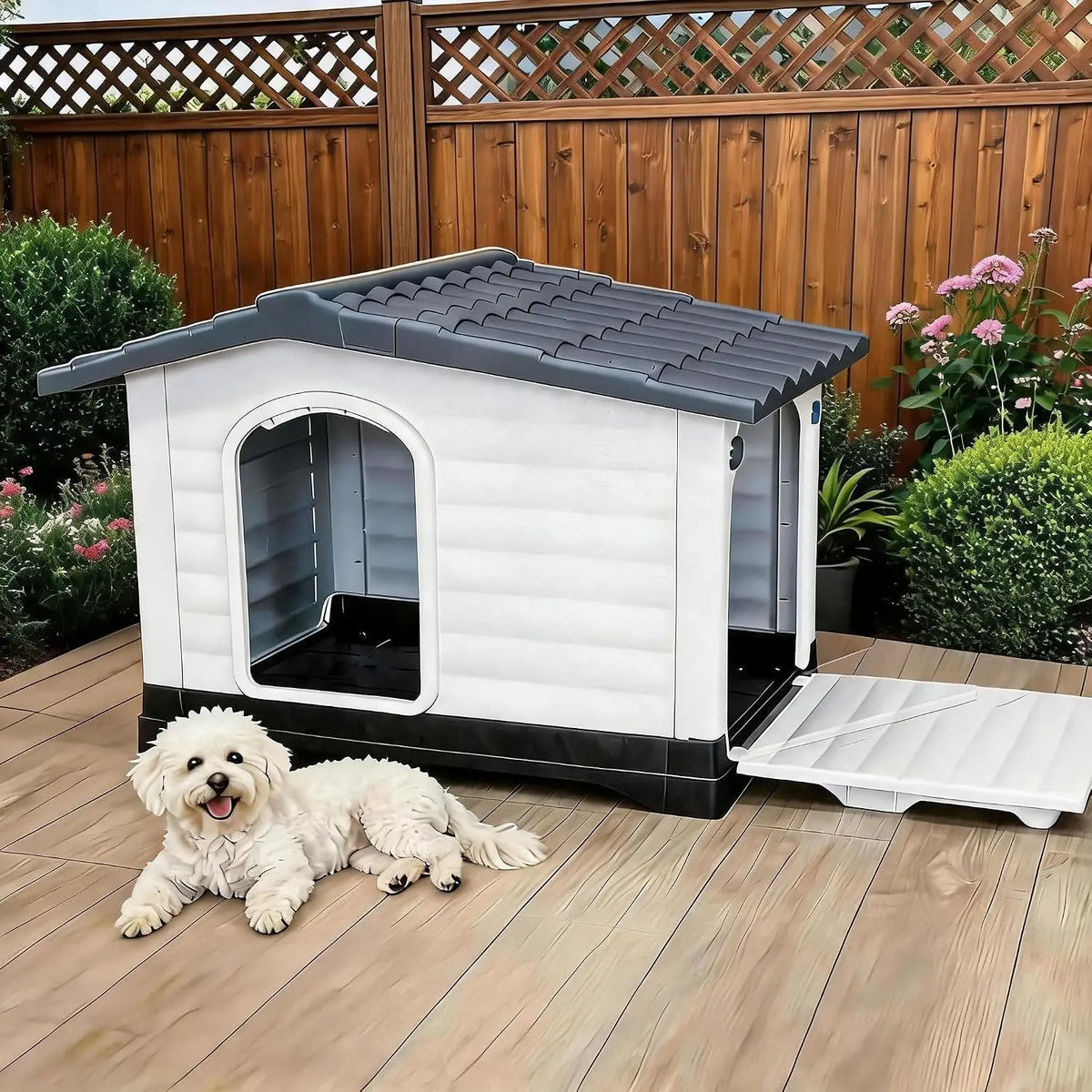 Waterproof 2-Door Dog House, Grey With Elevated Base, For Indoor/Outdoor Use.