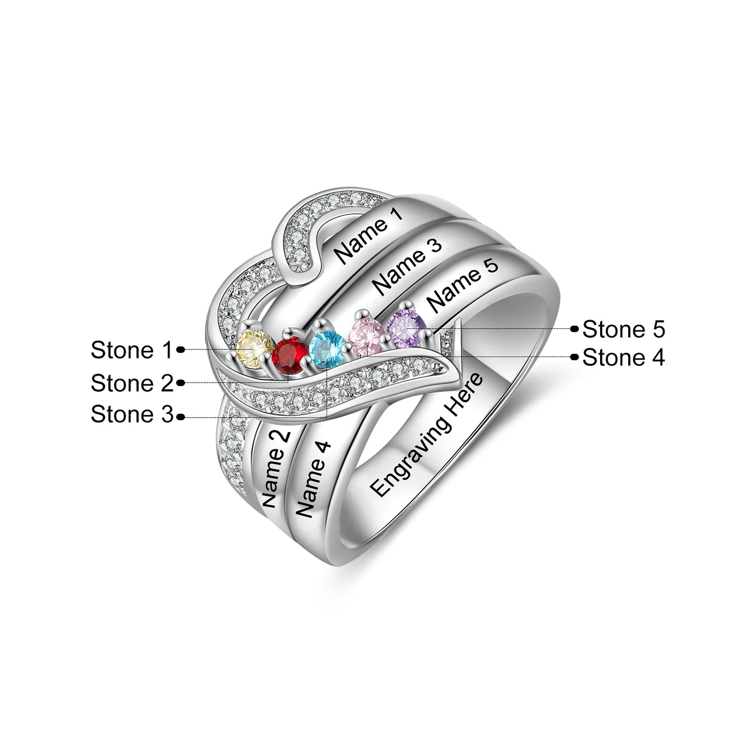 Custom 925 Sterling Silver Personalized 1-8 Name Engraved Ring with Birthstone.