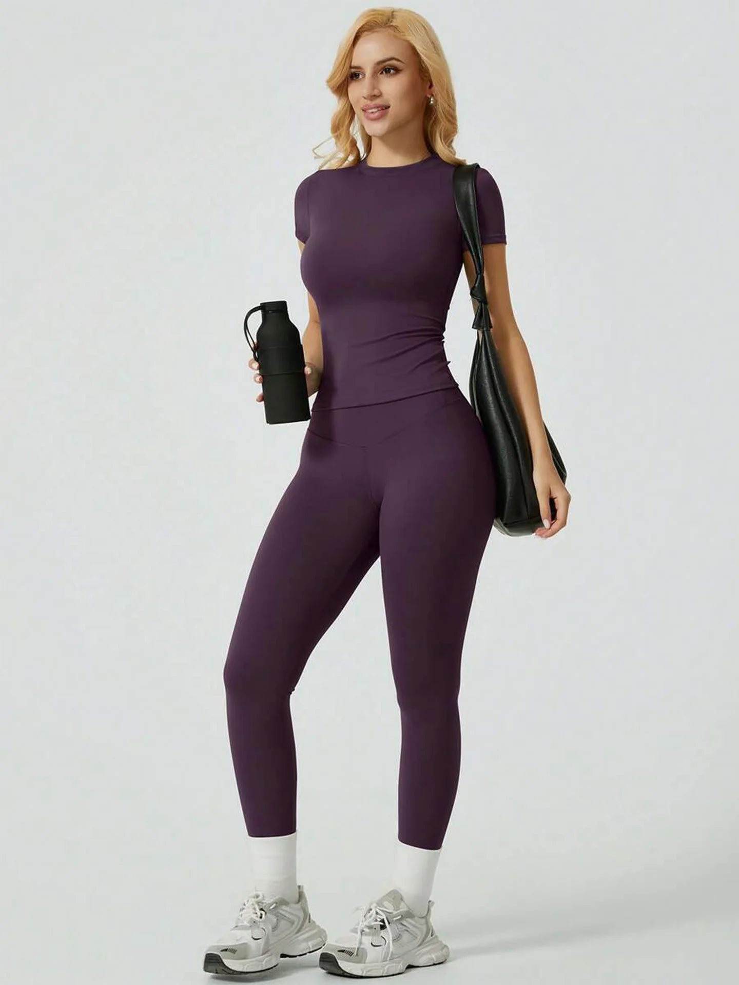 Two  Piece Yoga Set, Short Sleeve Top & High Waist Leggings For Women.