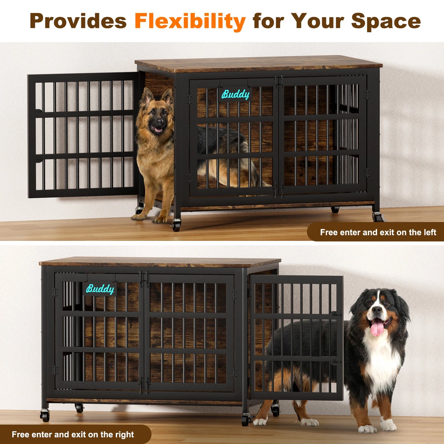 Indoor Dog Crate Furniture With Casters  For Large and Medium Dogs.