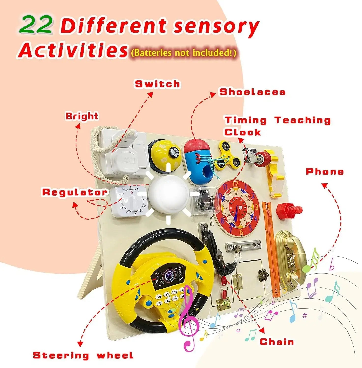 Montessori Wooden Activity Board for Toddlers featuring 22 different sensory activities with a steering wheel, switch, and clock.