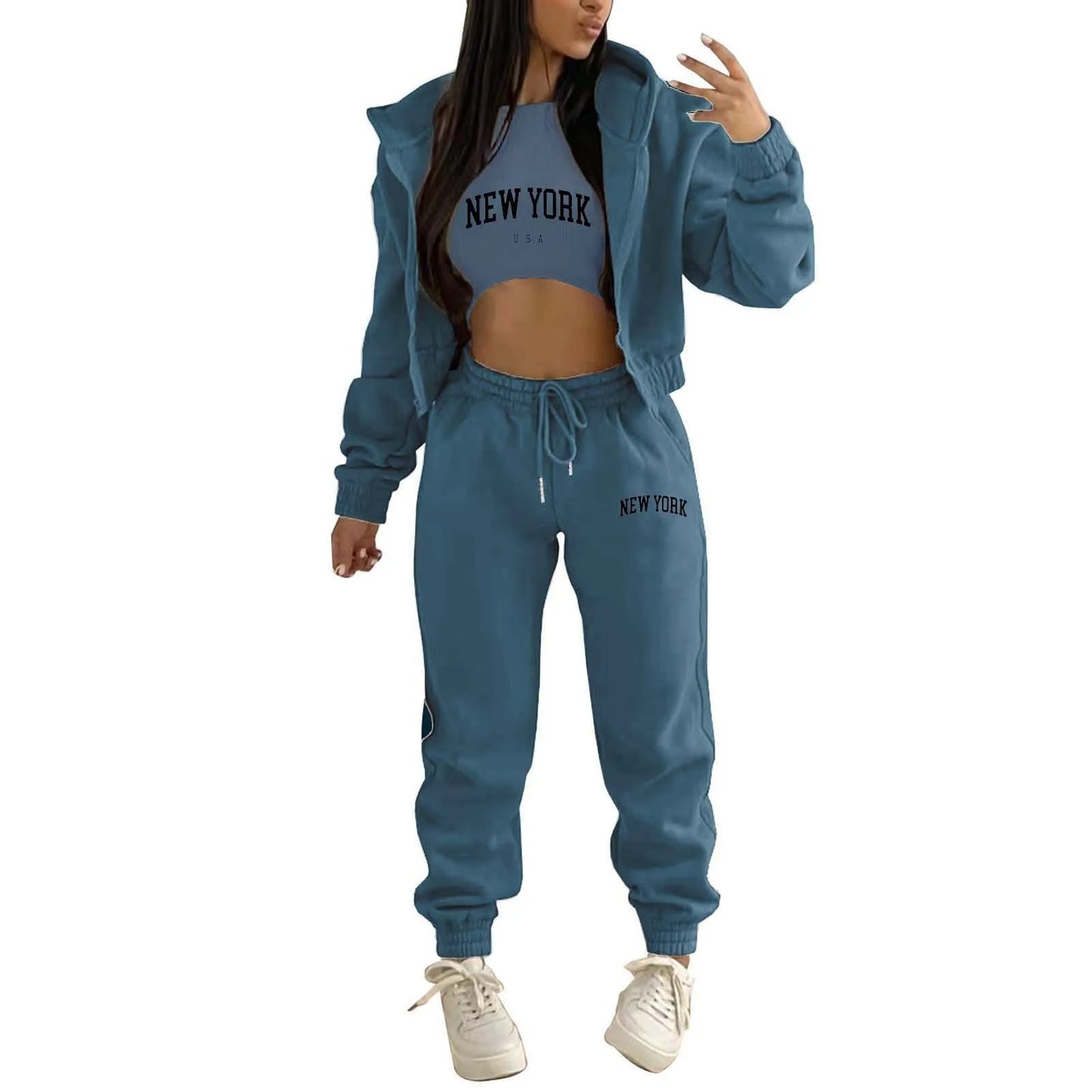 Women 3 Piece Sets with Top, Long Sleeve Zip Hoodies & Ribbed Tank High Waist Sweatpants.