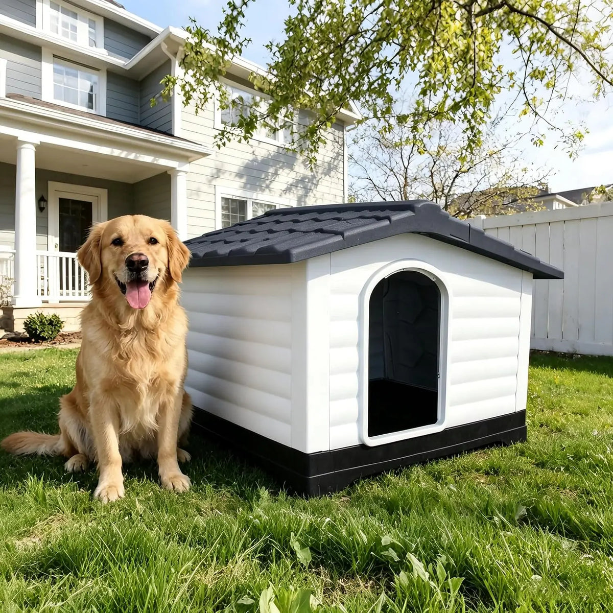 Waterproof 2-Door Dog House, Grey With Elevated Base, For Indoor/Outdoor Use.