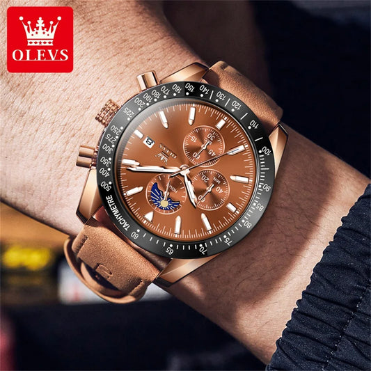 OLEVS Original Men's Quartz Watch With Brown Leather Strap.