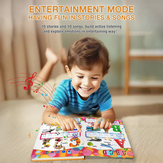 Preschool Reusable English Sound Book With Alphabet showing a child enjoying stories and songs.