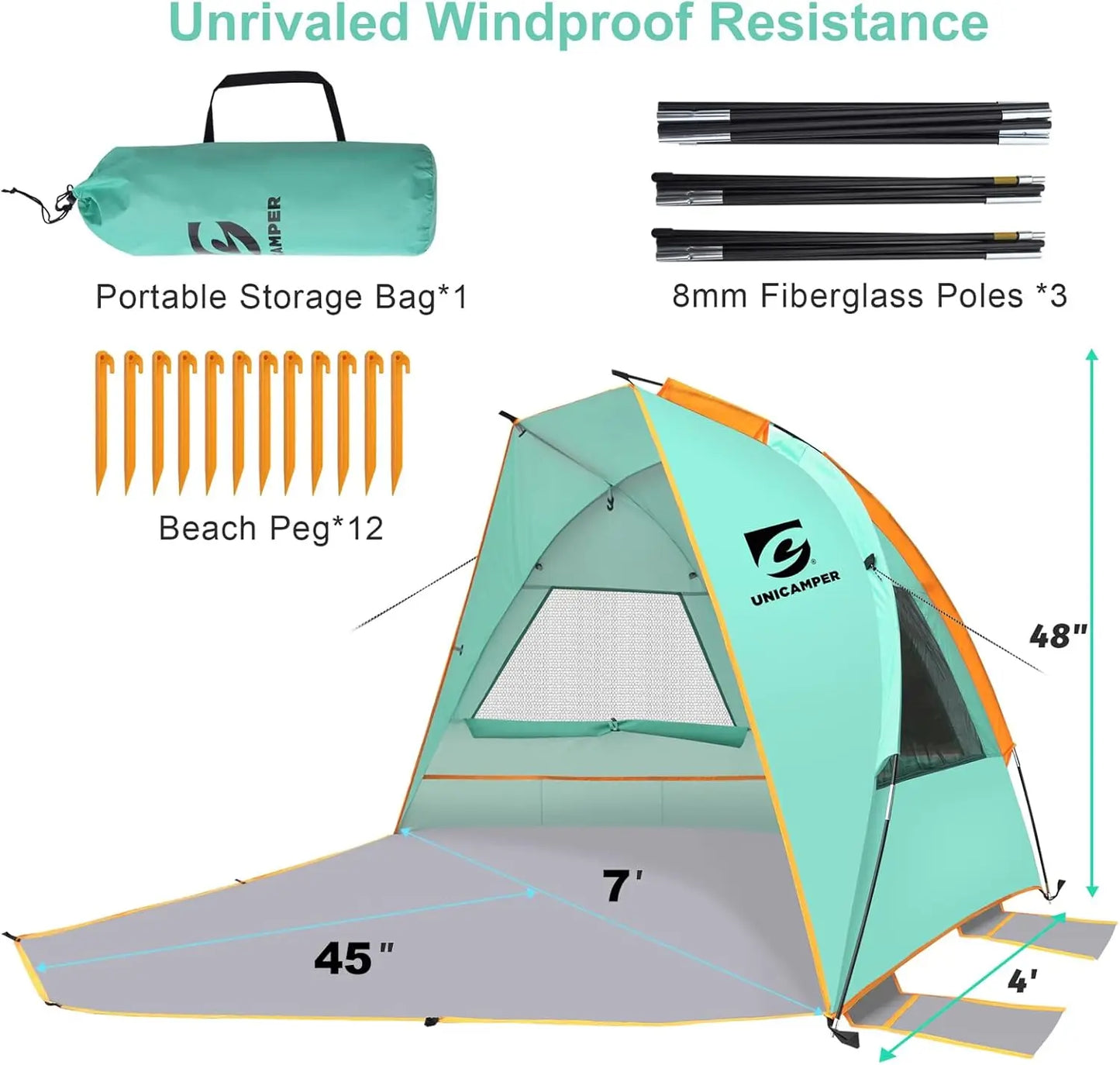 Beach Tent 3 Person Sun Shelter UPF 50+ with Extended Waterproof Pe Floor & 3 Windows.