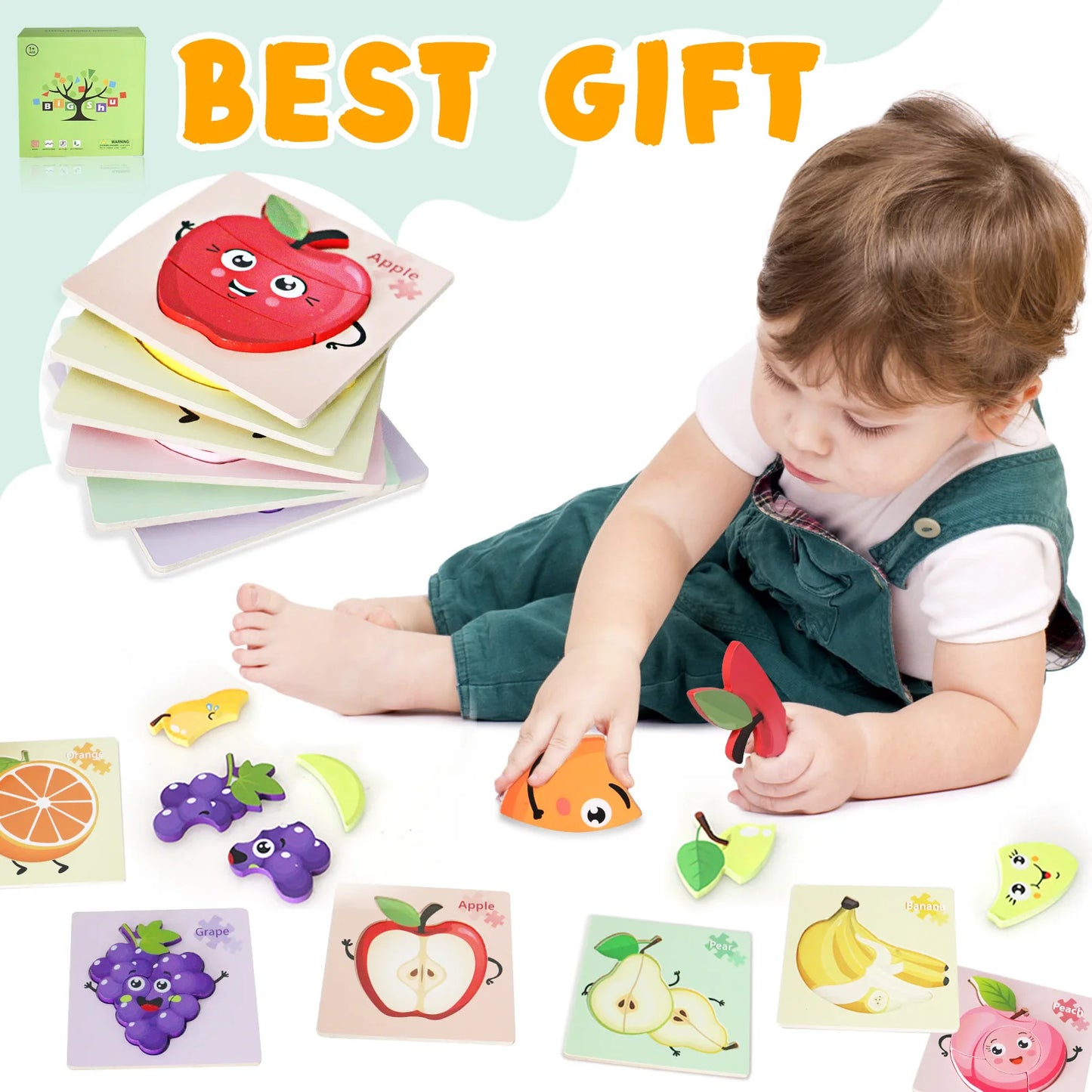 Six -piece fruit wooden two-sided jigsaw puzzle for toddlers.