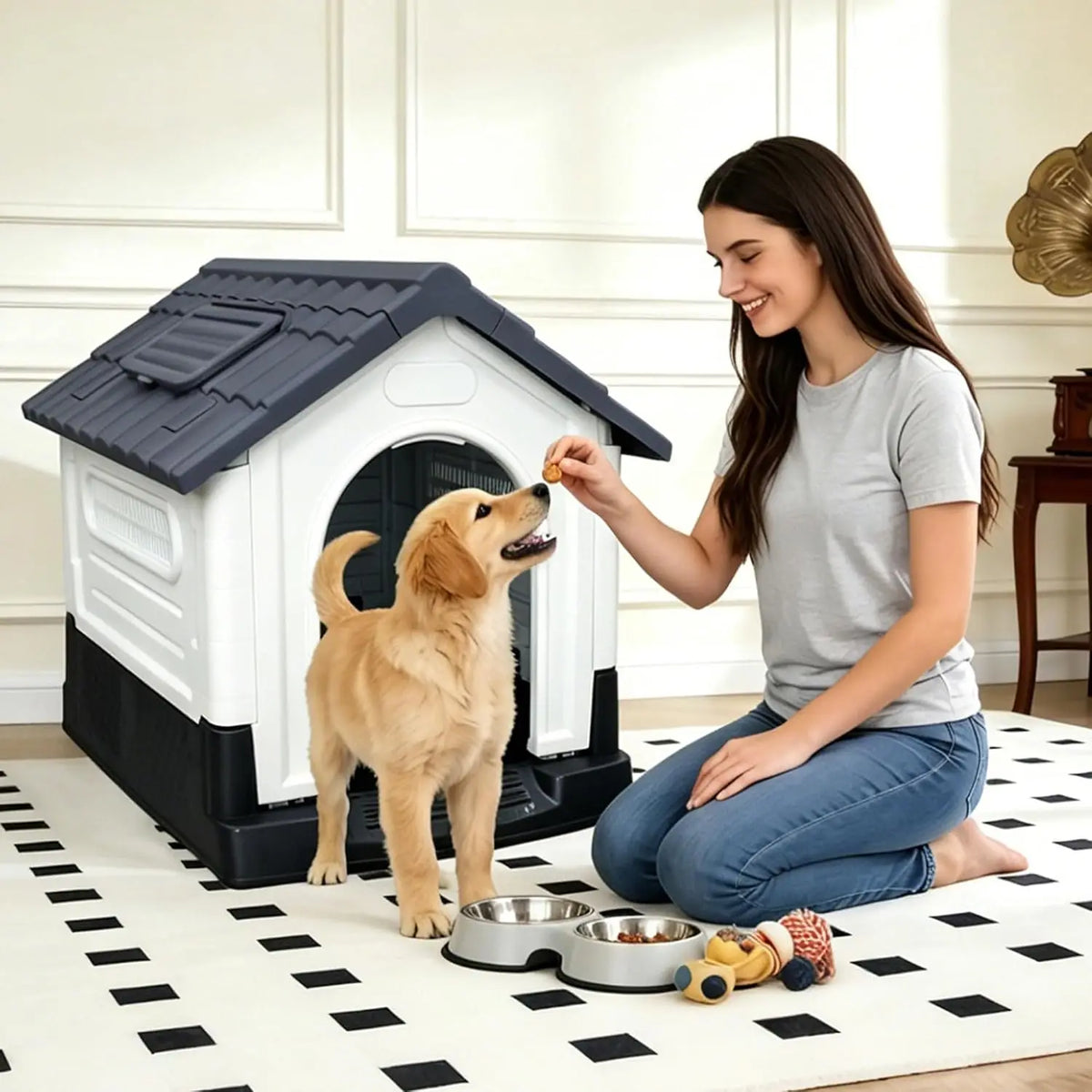Waterproof 2-Door Dog House, Grey With Elevated Base, For Indoor/Outdoor Use.