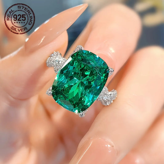 Delicate 925 Silver Elongated Cushion Cut Lab Grown Emerald  For Women.