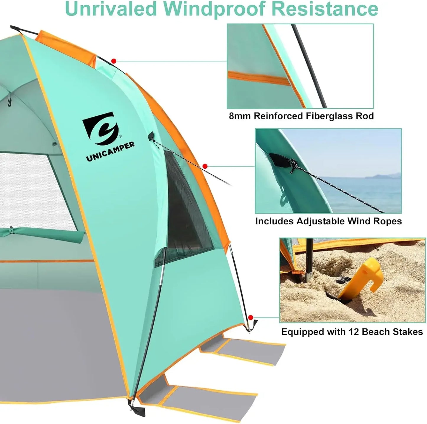 Beach Tent 3 Person Sun Shelter UPF 50+ with Extended Waterproof Pe Floor & 3 Windows.