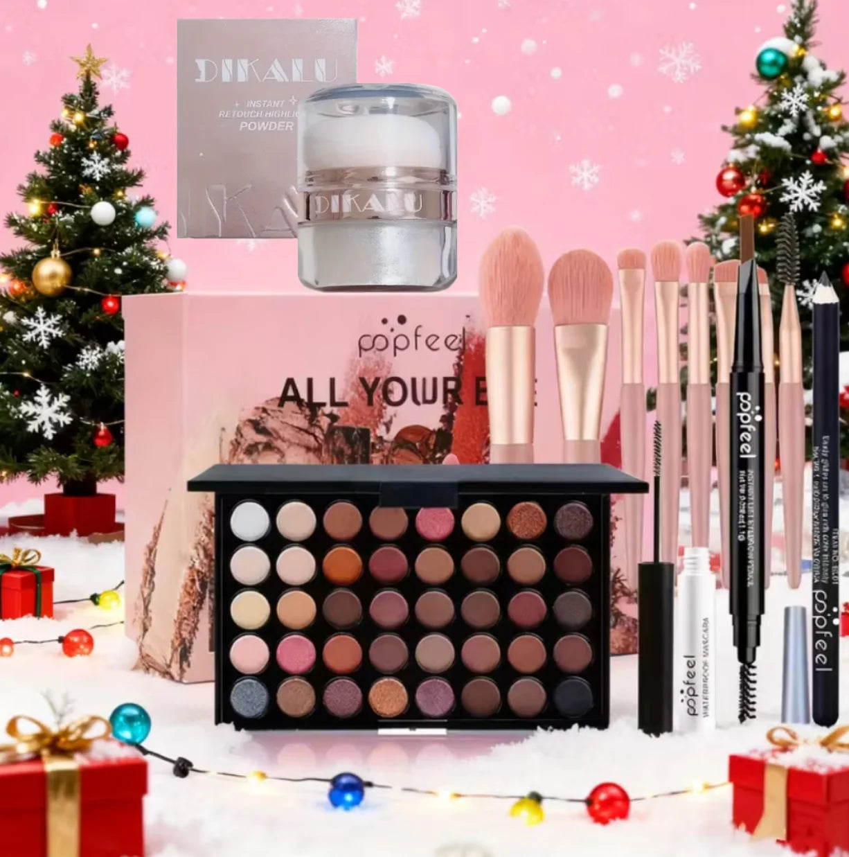 POPFEEL All-in-One Full Face Makeup Kit with Brush + Facial highlighter-Complete Beauty Set.