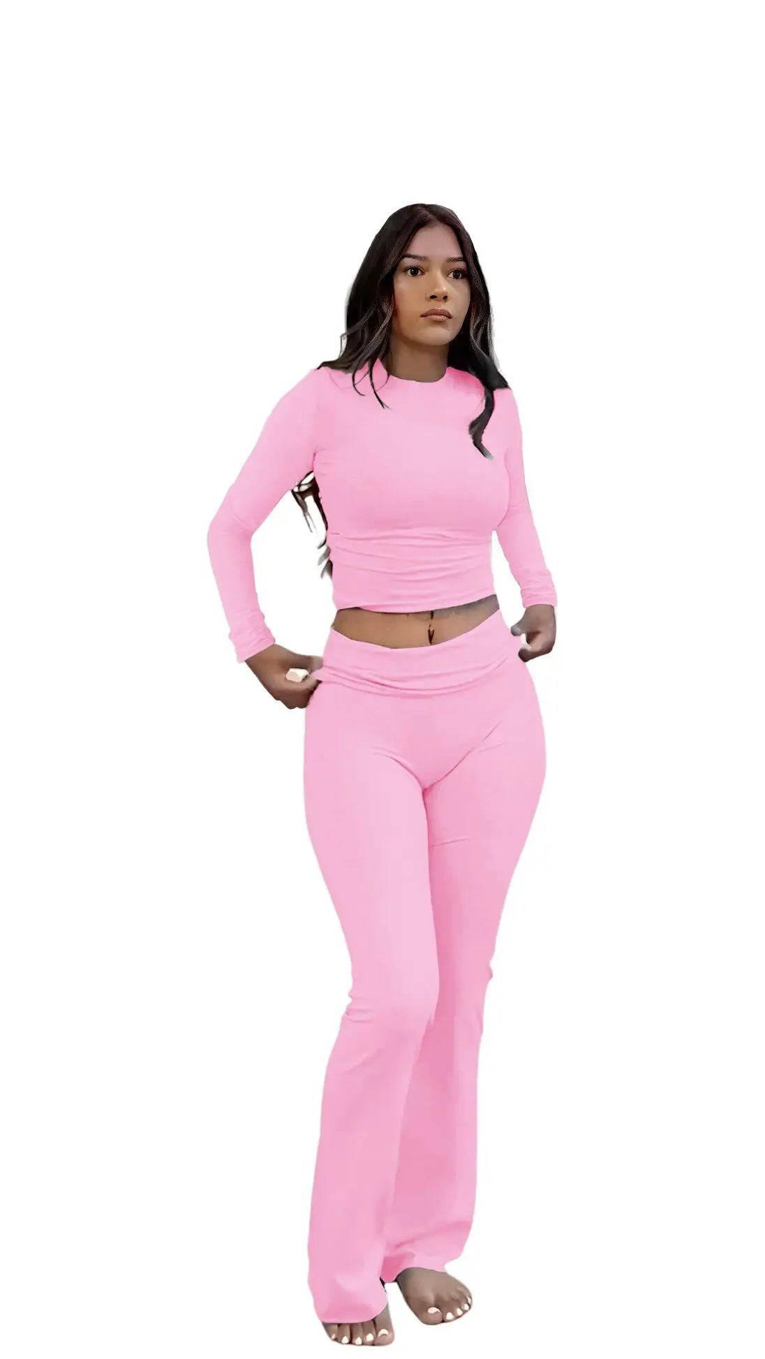 Women's Yoga Two-Piece Set Long-Sleeve Wide-Leg Activewear Set.