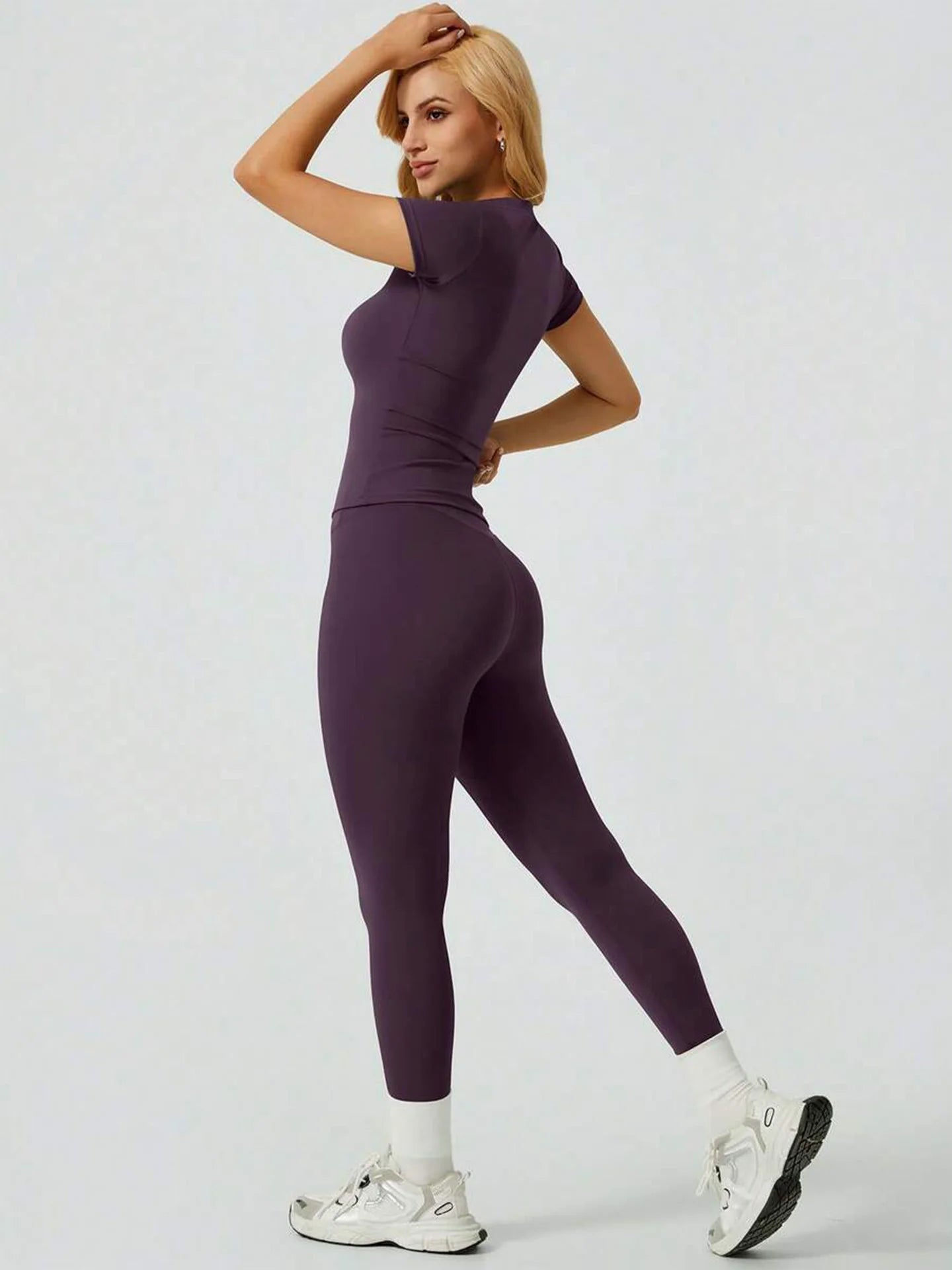 Two  Piece Yoga Set, Short Sleeve Top & High Waist Leggings For Women.