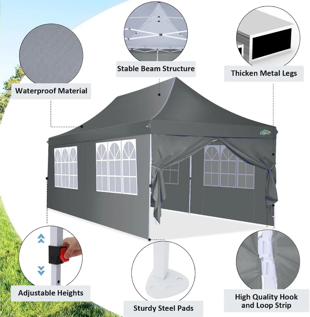 COBIZI 10x20ft Pop Up Canopy Tent with 6 Sidewalls, Waterproof UV50+, Adjustable Height &  Sandbags.