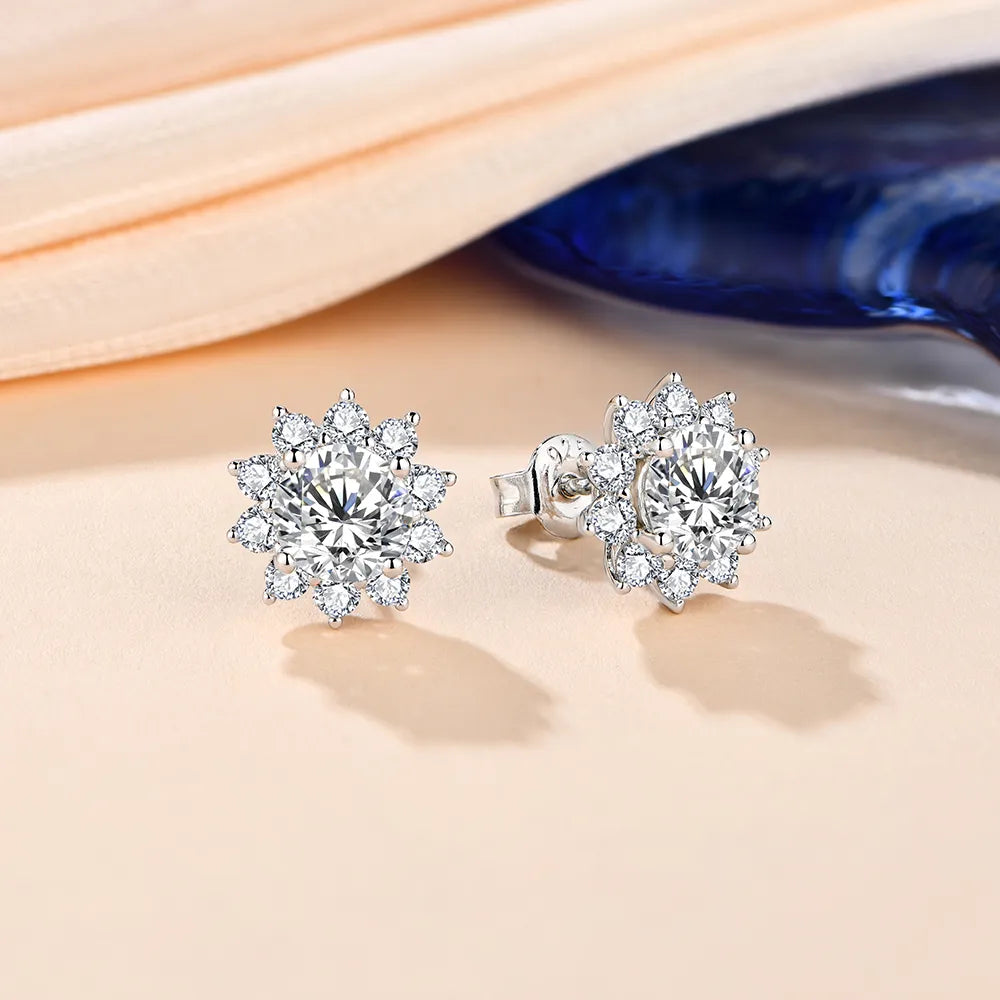 Snowflake stud earrings made of 925 Sterling Silver and  6.5mm 1.0 Carat diamond Moissanite.