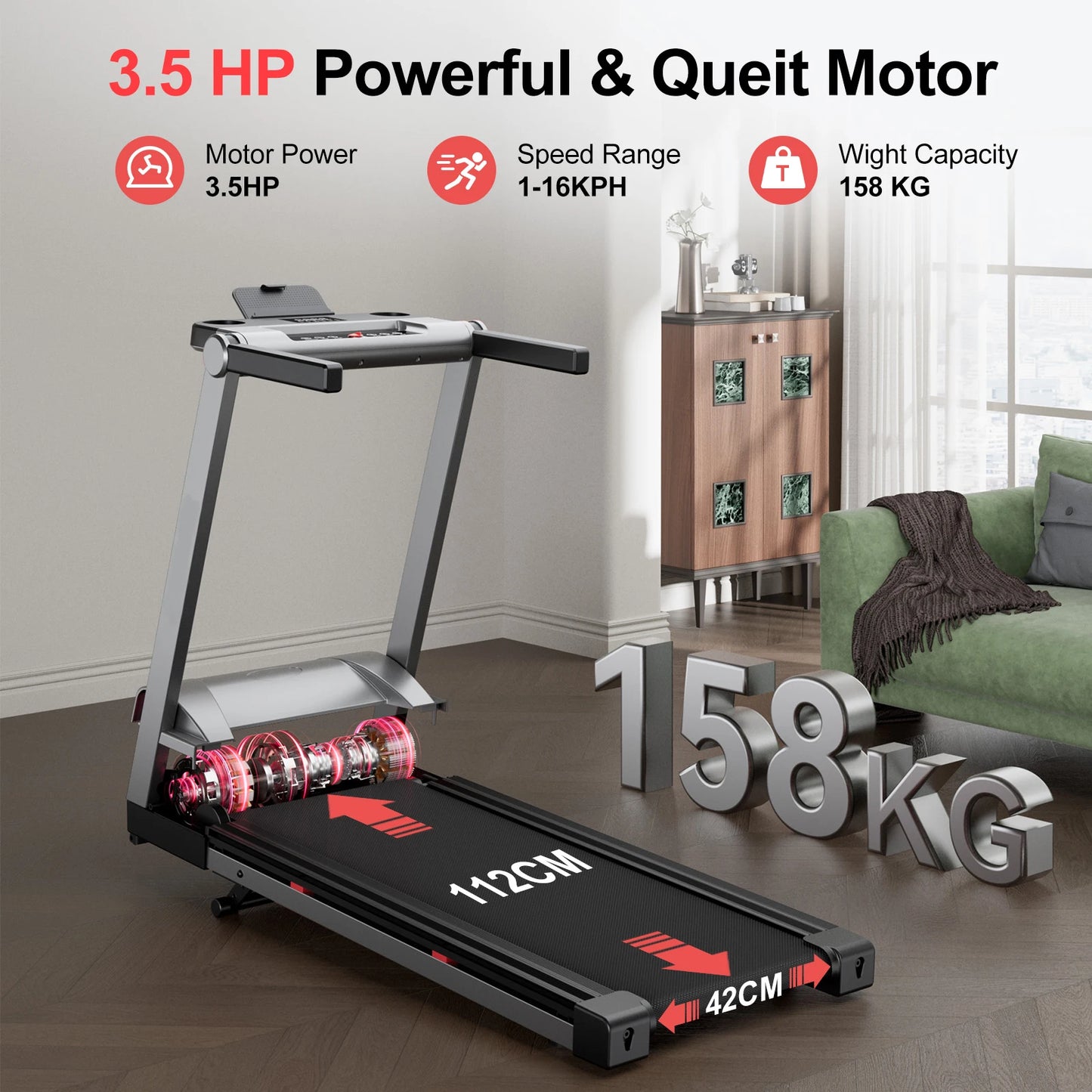3.5HP Foldable Incline Home Treadmill With Handle Bar Holder