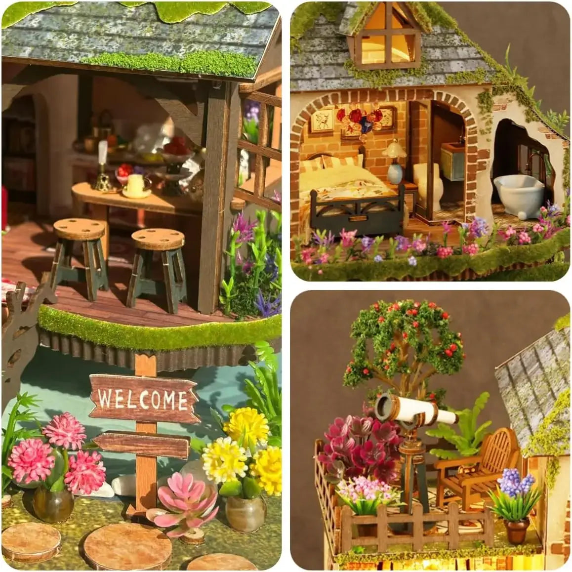 DIY Miniature House Kit for 14 + years featuring a detailed interior with welcome sign and vibrant decorations.