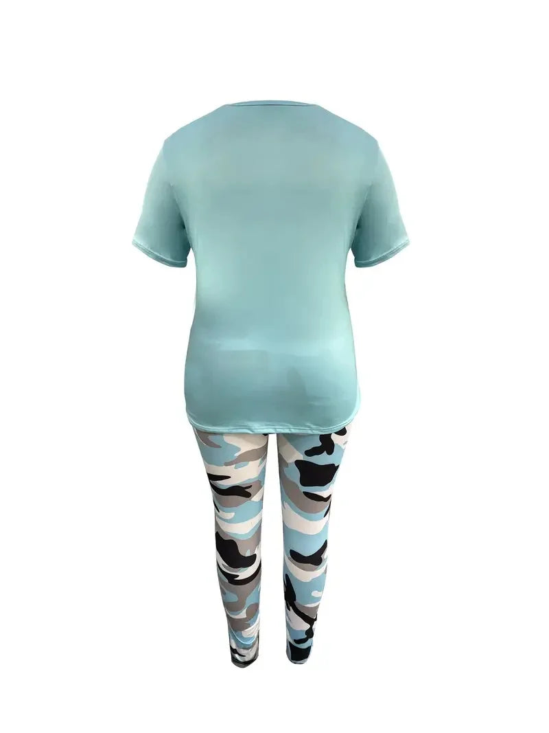 Plus Size Women's Casual Suit, Fashion Letter Print Shirt  & Camouflage Pants.