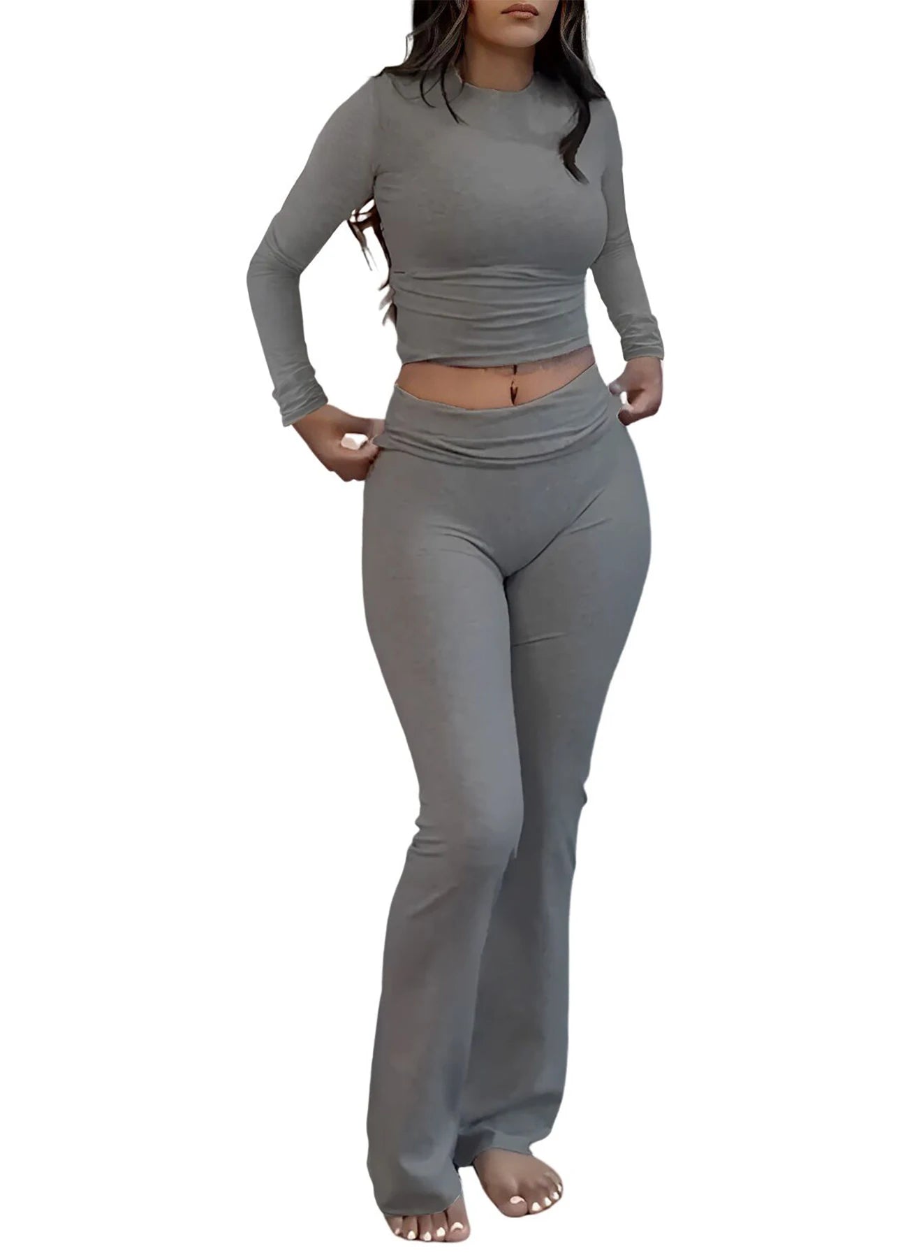 Women's Yoga Two-Piece Set Long-Sleeve Wide-Leg Activewear Set.