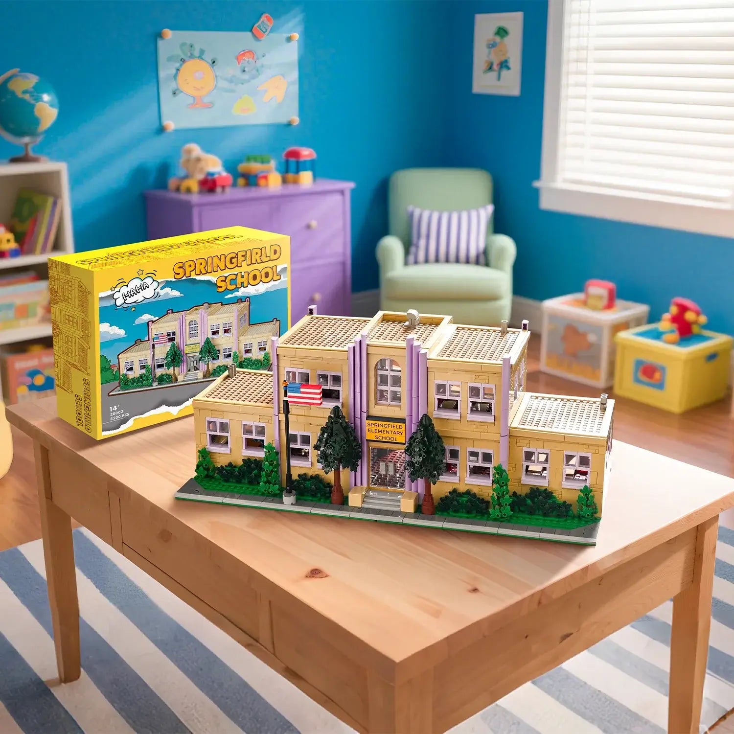 Springfield School Building Blocks Set displayed on a table in a colorful playroom with toys and decorations.