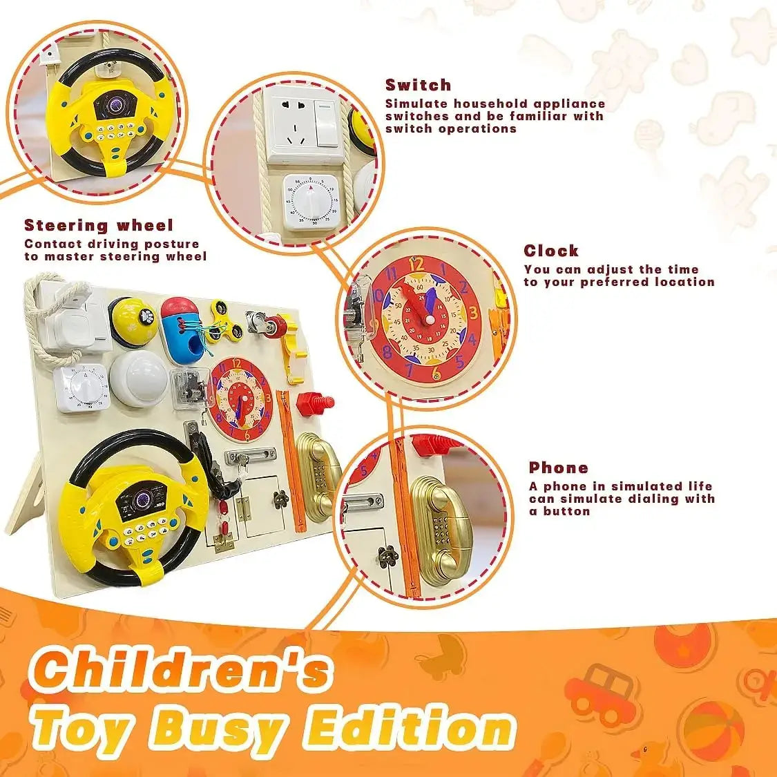Montessori Wooden Activity Board for Toddlers featuring interactive elements like a steering wheel, switch, clock, and phone.