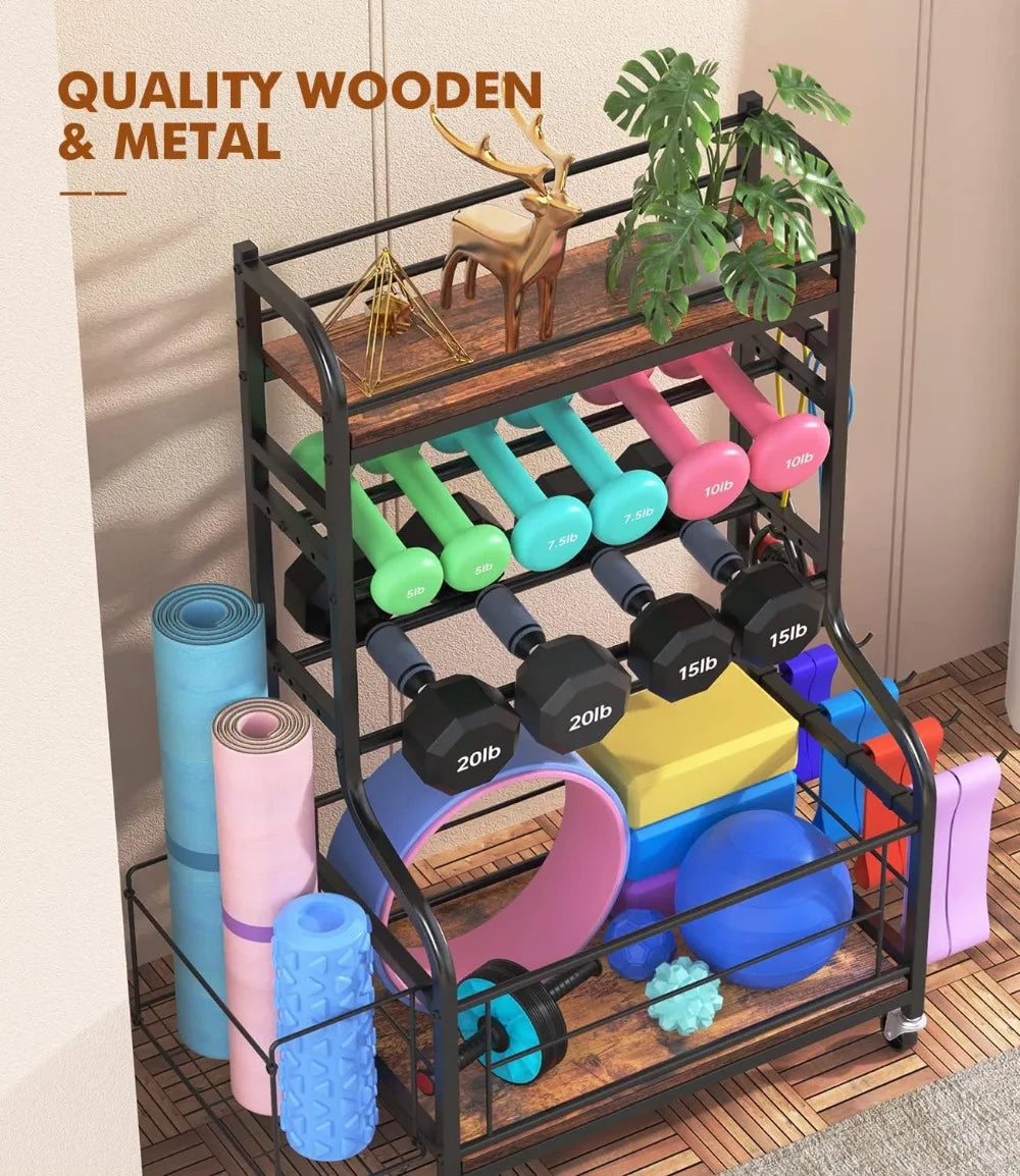 All in One Home Gym Storage Rack for Yoga Mat Dumbbells and Kettlebells Holder.