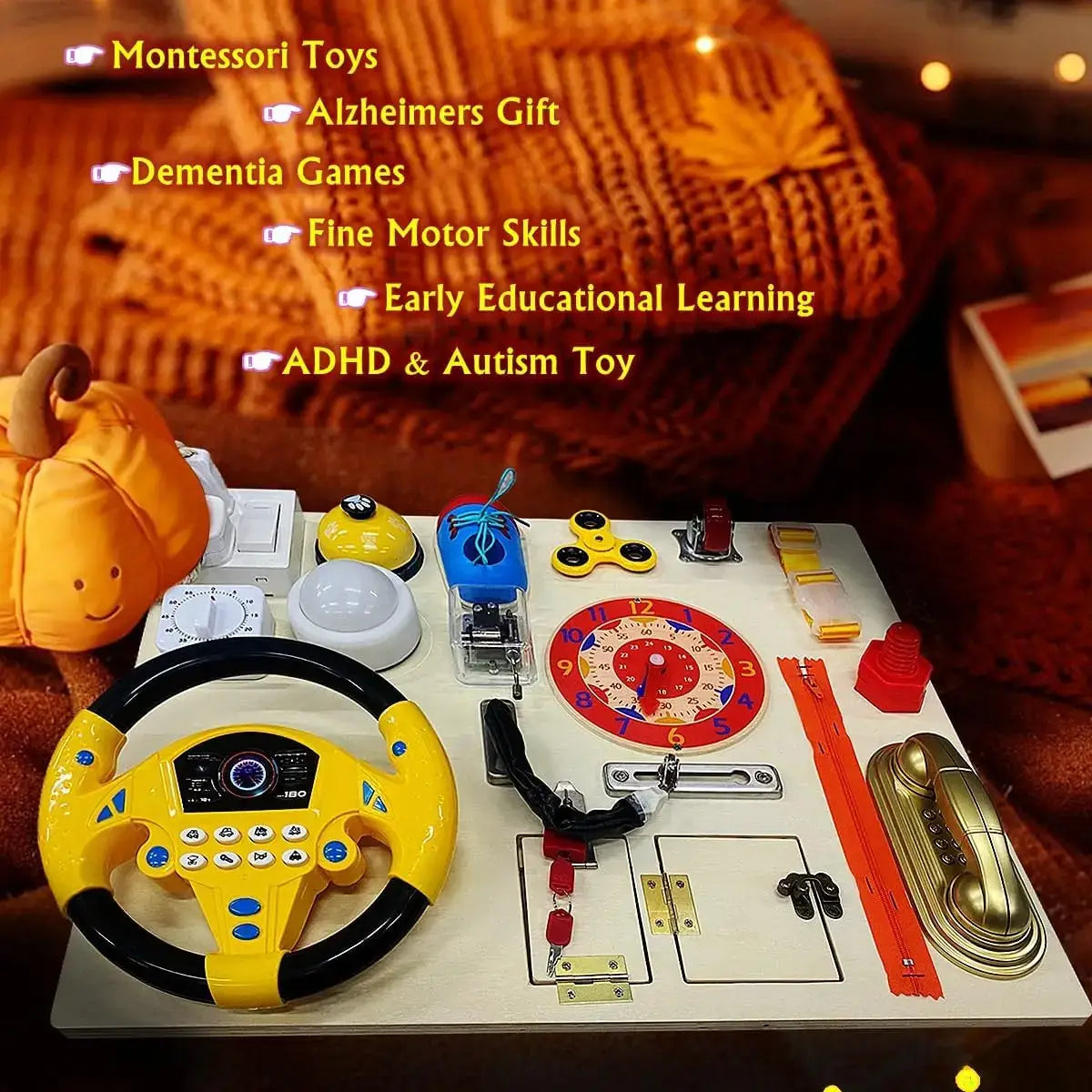 Montessori Wooden Activity Board for Toddlers with various sensory tools and fine motor skill enhancers.