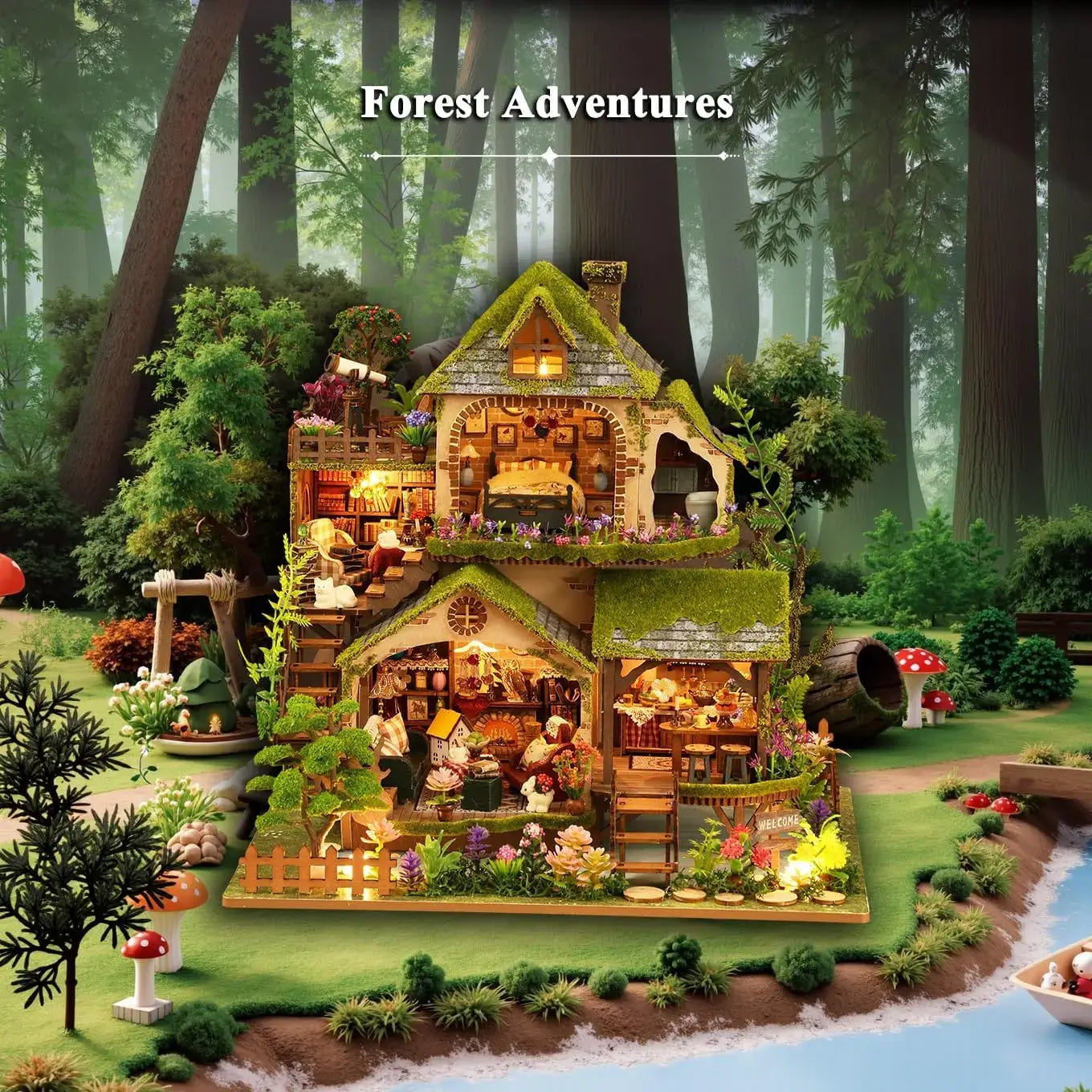 DIY Miniature House Kit for 14 + years showcasing a detailed forest-themed design with vibrant colors and lifelike elements.