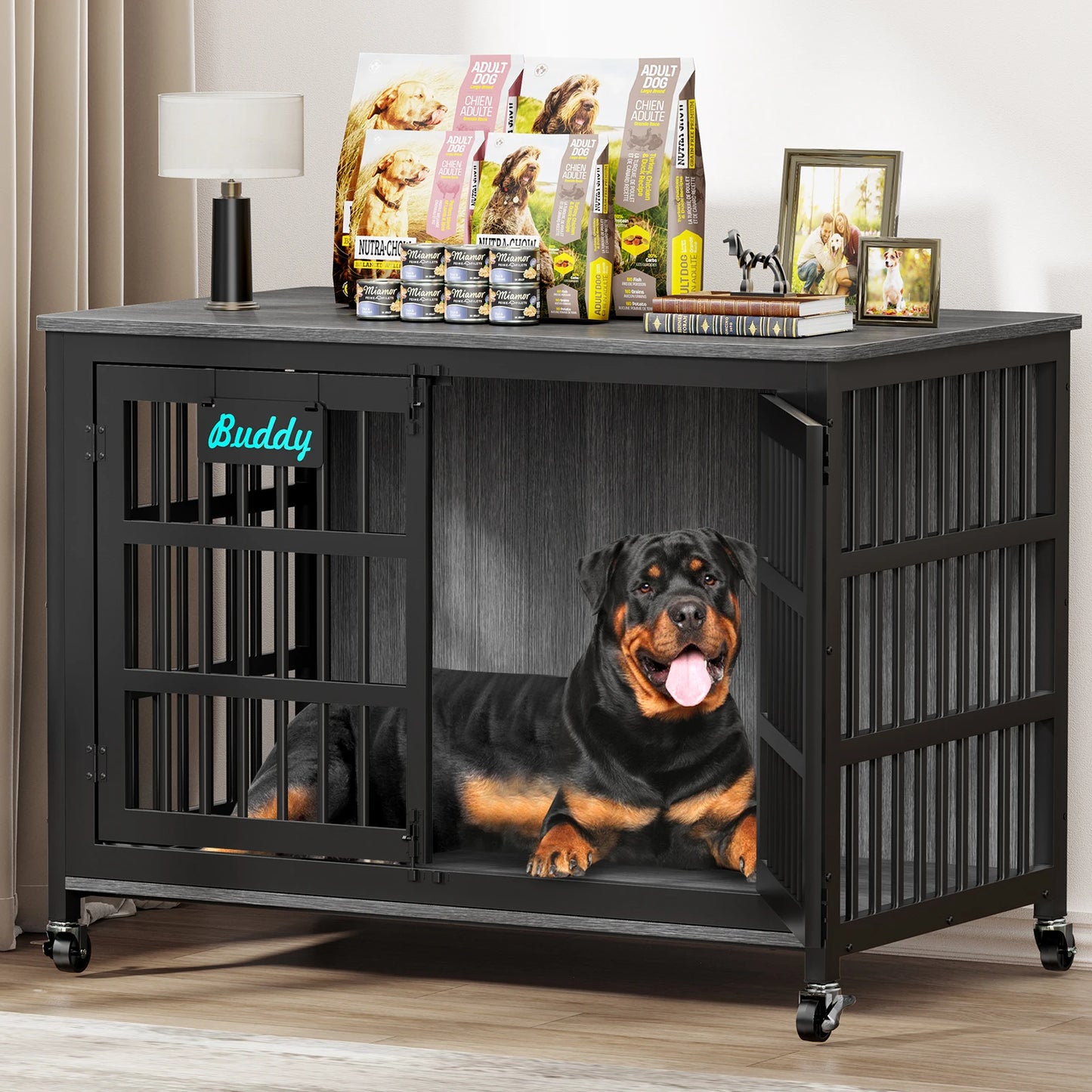 Indoor Dog Crate Furniture With Casters  For Large and Medium Dogs.
