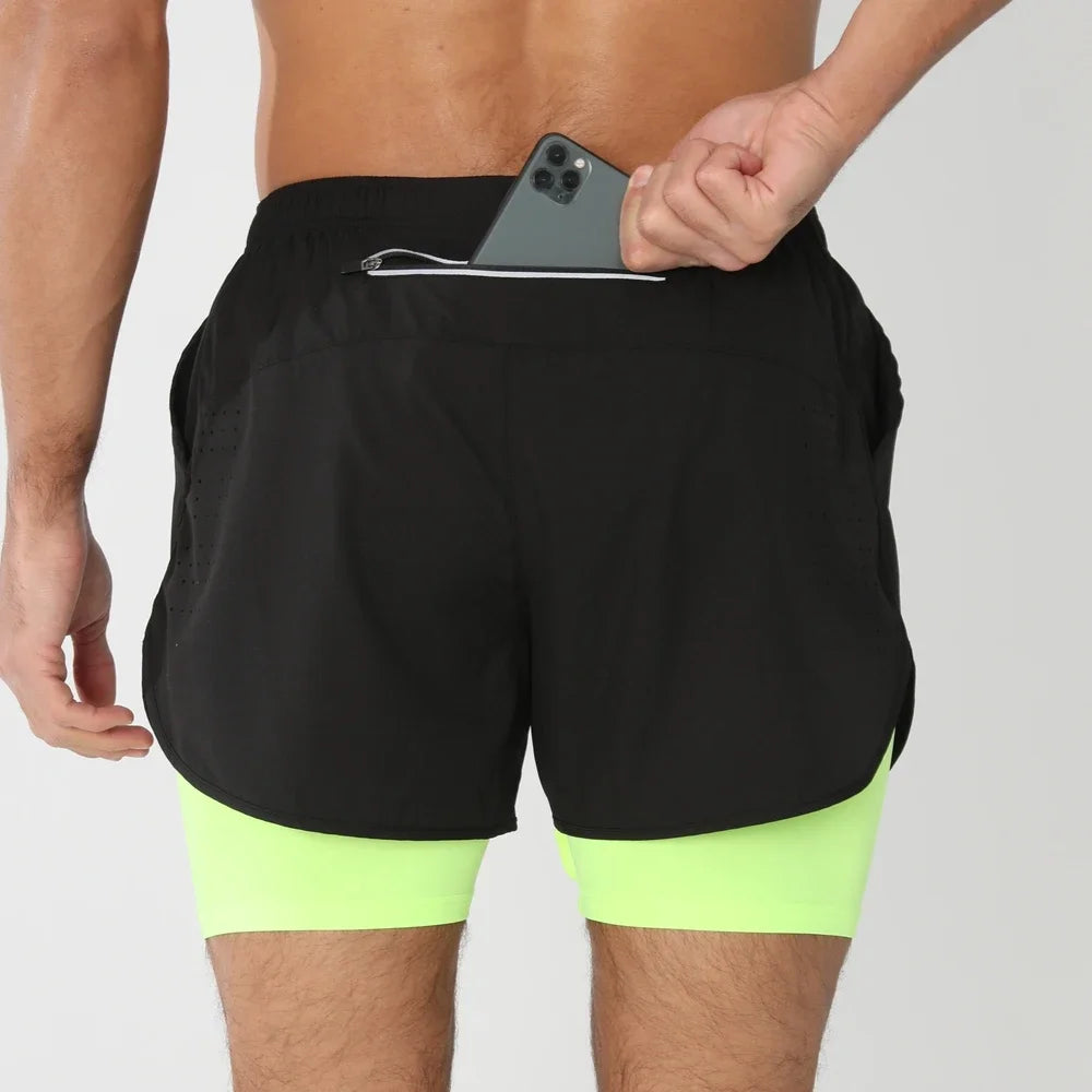 Men 2in1 Double Layer Shorts For  Workout .