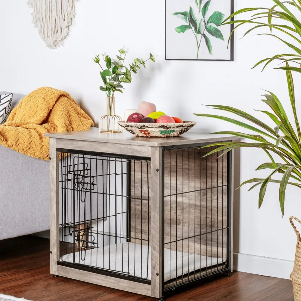 Double Door Dog Crate with Cushion & Wooden Kennel Table .
