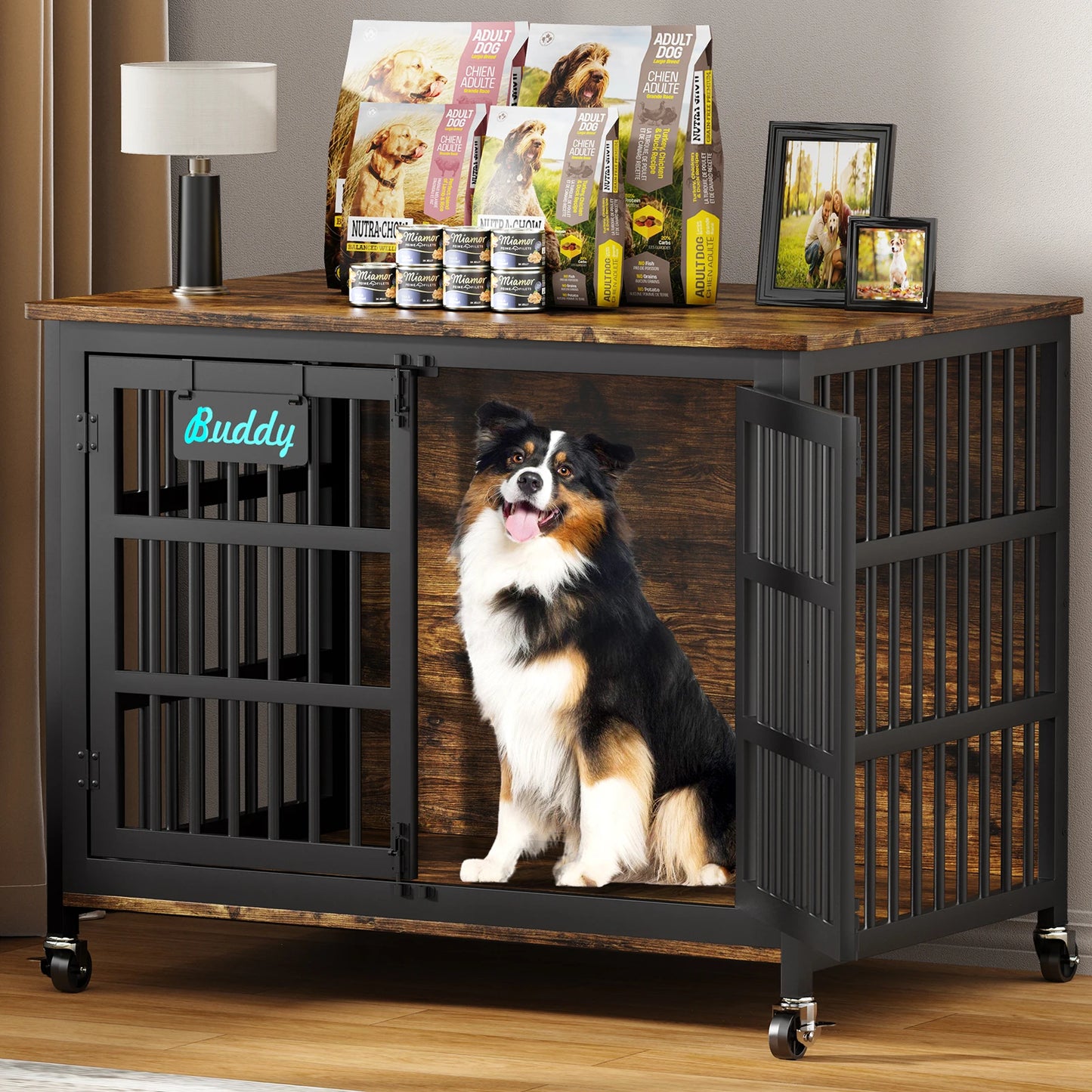 Indoor Dog Crate Furniture With Casters  For Large and Medium Dogs.