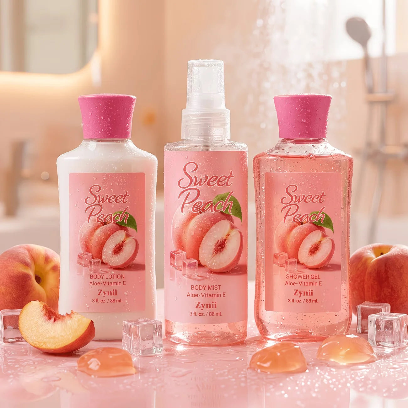 ZYNII Strawberry Cake, Peach And Rose Bath Set.