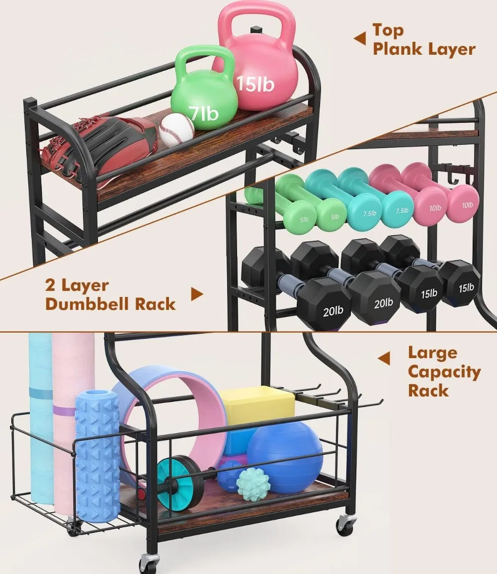 All in One Home Gym Storage Rack for Yoga Mat Dumbbells and Kettlebells Holder.