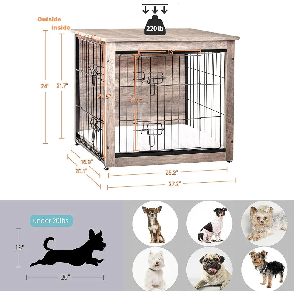 Double Door Dog Crate with Cushion & Wooden Kennel Table .