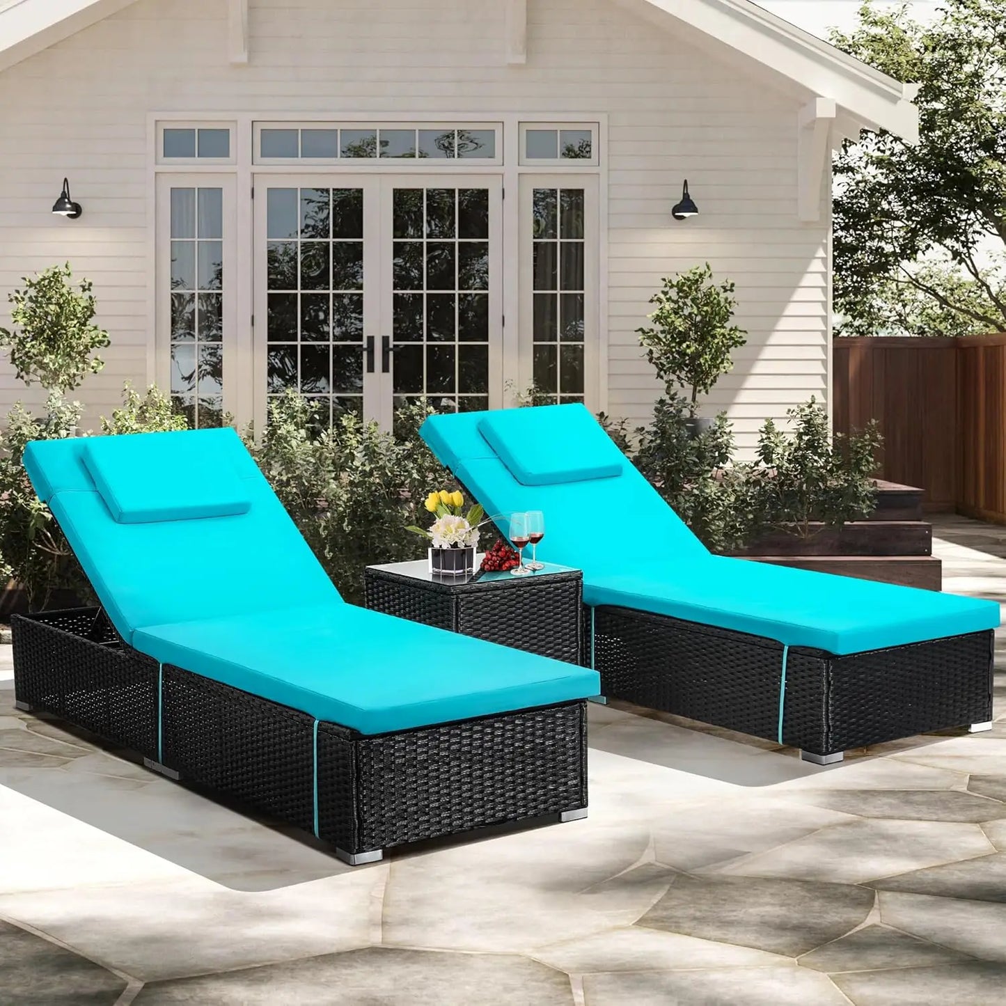 All-Weather Wicker Adjustable Chaise Lounge Set w/ Side Table, Washable Cushion for Patio & More.