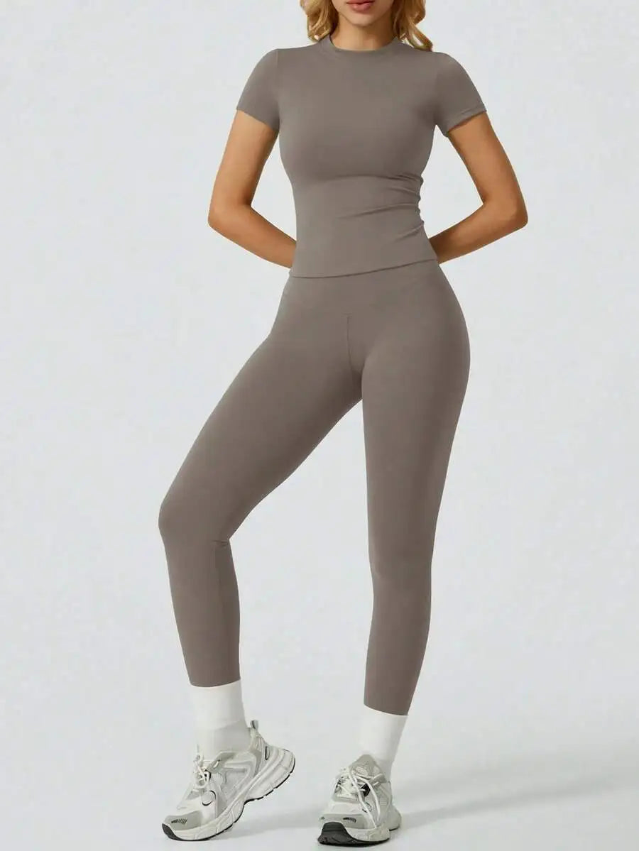 Two  Piece Yoga Set, Short Sleeve Top & High Waist Leggings For Women.