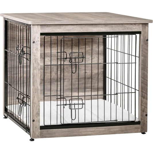 Double Door Dog Crate with Cushion & Wooden Kennel Table .