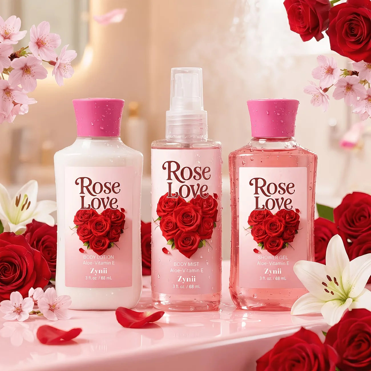 ZYNII Strawberry Cake, Peach And Rose Bath Set.